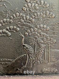 Plaque de bronze japonaise antique peinte sur carrelage, période Meiji, rare grue impériale