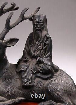 Statue de Dieu du taoïsme en bronze japonais ancien sur cerf, 6,3 pouces, objet chanceux de l'ère Meiji.