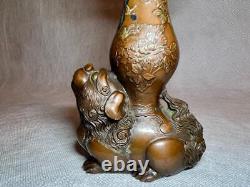 Statue en bronze SHISHI LION VASE 6.1 pouces Antique japonais MEIJI Ère Art métallique fine