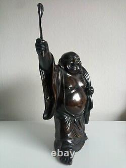 Statue en bronze antique de Hotei, Dieu chanceux japonais, ère Meiji