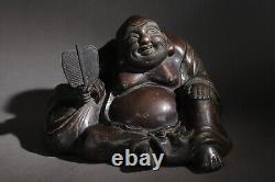 Statue en bronze antique de Hotei, dieu de la chance japonais, 7.87 pouces, art bouddhiste de l'ère Meiji