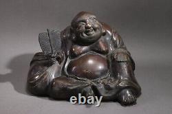 Statue en bronze antique de Hotei, dieu de la chance japonais, 7.87 pouces, art bouddhiste de l'ère Meiji