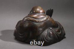Statue en bronze antique de Hotei, dieu de la chance japonais, 7.87 pouces, art bouddhiste de l'ère Meiji