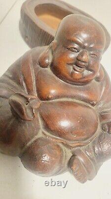 Statue figurine de la divinité japonaise Hotei de la période Meiji en céramique Bizen - Bouddha - Signée