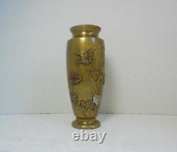 Vase en métal mélangé de l'époque Meiji en bronze / laiton / cuivre / argent japonais ancien